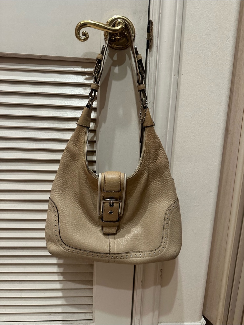 Coach Beige Leather Shoulder Hobo Bag with Buckle Detail